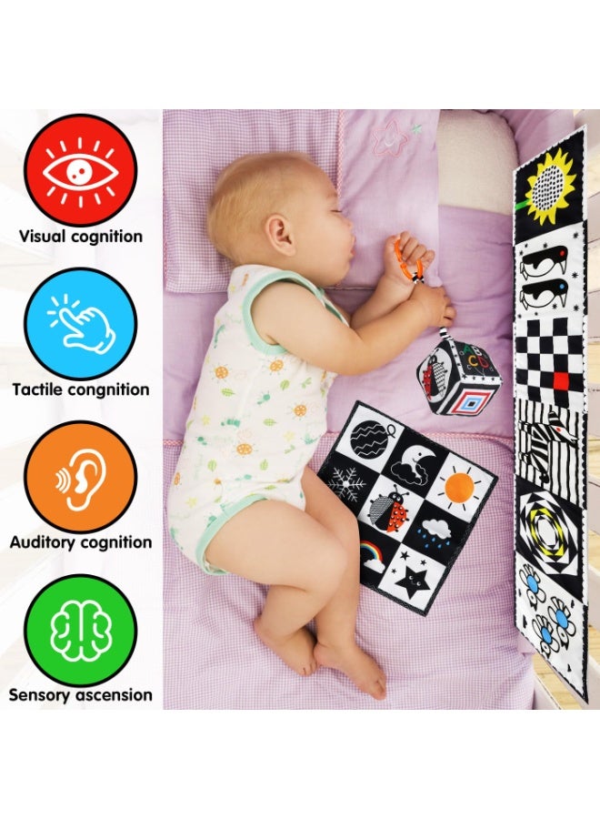 دايتويز لعبة أطفال من 0 إلى 3 أشهر، كتاب قماشي متباين للأطفال، مكعب قماش مجعد، كتاب متباين أسود أبيض، أسود & مجموعة هدايا لعبة عربة الأطفال البيضاء، لعبة أطفال من عمر 0 ​​إلى 3 سنوات و6 إلى 12 شهرًا (3 قطع) - Image 2